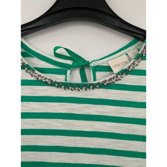Striped Nautical Embellished Neckline Top Women Size L Tie Bow Back Coastal Soft - Picture 3 of 10